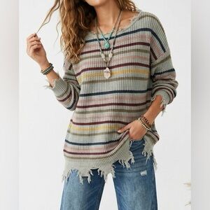 Distressed Gray Stripe Knit Sweater